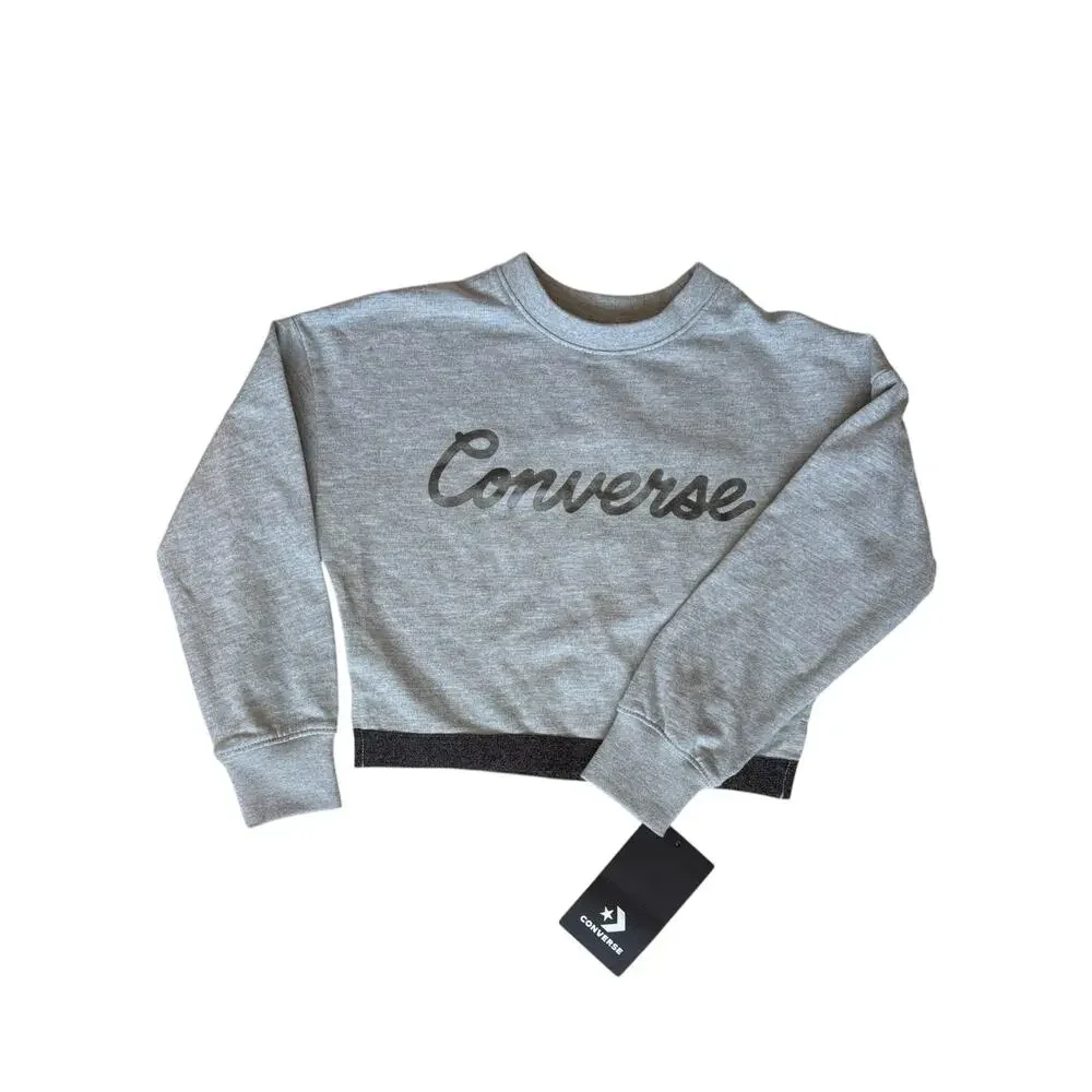 Converse Girls Size 4 Cropped Crewneck Sweatshirt Gray Metallic Silver Logo NWT